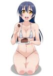  1girl ayumu-k bikini blue_hair blush breasts cake collarbone food kneeling long_hair looking_at_viewer love_live! love_live!_school_idol_project medium_breasts navel open_mouth plate simple_background smile solo sonoda_umi swimsuit tongue upper_teeth white_background white_bikini yellow_eyes 
