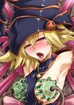  1girl ahegao armpits arms_up blonde_hair breast_slip breasts bust cross duel_monster gagaga_girl hat jewelry lactation milking_machine necklace nipples nude one_breast_out pink_eyes segami_daisuke solo sweatdrop tears torn_clothes upper_body wizard_hat yu-gi-oh! yu-gi-oh!_zexal yuu-gi-ou_zexal 