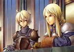  1girl agrias_oaks ahoge akisawa_machi armor blonde_hair braid final_fantasy final_fantasy_tactics gloves knight long_hair ramza_beoulve red_eyes single_braid spikes 