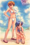  beach bikini blue_eyes blue_hair breasts brown_eyes brown_hair cleavage copyright_request day food goto_p hands_on_hips medium_breasts multiple_girls navel one-piece_swimsuit outdoors popsicle sandals short_hair squatting striped swimsuit 