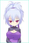  blue_hair blush breasts cleavage darker_than_black dress frown hairband kuro_(be_ok) large_breasts looking_at_viewer ponytail purple_dress red_eyes simple_background solo white_background yin 