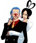  1girl black_eyes black_hair blue_hair blush buggy_the_clown couple dress_shirt earrings embarrassed formal galdino genderswap genderswap_(mtf) glasses hetero hug hug_from_behind jewelry lipstick_mark one_piece shirt short_hair simple_background suit syui tattoo 