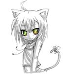  1girl alexi_(tits!) animal_ears cat_ears cat_tail copyright_request midriff monochrome sharp_teeth sketch smile solo spot_color tail teeth yellow_eyes 