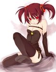 annoyed arm_support bare_shoulders bed_sheet belt black_legwear blush breasts brown_hair buckle convenient_leg elbow_gloves feet frown gloves kurasuke lock open_mouth original padlock red_eyes sheet_grab small_breasts solo thighhighs twintails 