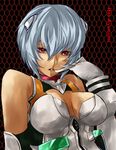 adapted_costume ayanami_rei black_background blue_hair bodysuit breasts character_name cleavage hand_on_own_face honeycomb_(pattern) honeycomb_background large_breasts lips looking_at_viewer nana_g neon_genesis_evangelion plugsuit red_eyes short_hair silver_hair solo tan upper_body white_bodysuit 