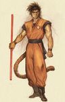  black_hair boots dragon_ball dragonball full_body gradient gradient_background male male_focus muscle nyoibo realistic simple_background solo son_goku son_gokuu staff standing tail weapon wristband 