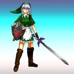  bad_id bad_pixiv_id blue_eyes boots braid cosplay gloves hat holding holding_sword holding_weapon izayoi_sakuya left-handed link link_(cosplay) maid master_sword omega_na_hito shield silver_hair solo sword the_legend_of_zelda touhou twin_braids weapon 