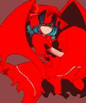  alternate_color bad_id bad_pixiv_id blue_hair chirigami-san closed_mouth dress hat hat_ribbon looking_at_viewer mob_cap red red_dress red_eyes remilia_scarlet ribbon serious short_hair short_sleeves simple_background solo touhou wings 