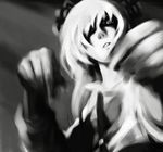  blurry depth_of_field expressionless from_below fujiwara_no_mokou futon_(kitsune_tsuki) greyscale looking_at_viewer looking_down monochrome parted_lips shaded_face solo touhou 