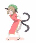  animal_ears blush brown_eyes brown_hair cat_ears cat_tail chen china_dress chinese_clothes dress earrings embarrassed fang hair_bun hat jewelry mob_cap mokeo multiple_tails short_hair side_slit solo tail touhou 