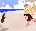  animal_ears beach blonde_hair brown_hair cat_ears cat_tail chen cirno day earrings fang happy hat jewelry mokeo multiple_girls multiple_tails pillow_hat sand short_hair tail tassel touhou yakumo_ran 