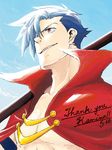  blue_hair cape character_name day kamina looking_up male_focus red_eyes ru&amp;pauda_(artist) shirtless sky solo tegaki tengen_toppa_gurren_lagann 