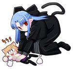  angry artist_request blue_hair cat_tail half_updo len long_hair melty_blood multiple_girls nekoarc pointy_ears red_eyes ribbon tail tsukihime 
