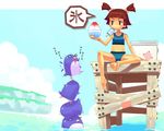  barefoot bikini bird blush_stickers brown_eyes brown_hair cooler feet food ice_cream mouth_hold navel original penguin popsicle ryuuta_(msxtr) shaved_ice short_twintails sitting soles solo swimsuit tankini twintails wallpaper water 