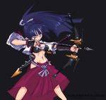  aiming bikini_top black_eyes blue_hair blush bow_(weapon) breasts cleavage disgaea hair_ribbon hakama japanese_clothes jason_robinson jewelry jpeg_artifacts long_hair magatama medium_breasts midriff navel necklace no_panties ponytail red_hakama ribbon ronin_(disgaea) sarashi smile solo sword weapon wide_hips wide_ponytail 