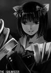  amami_haruka collarbone dress evil_smile greyscale idolmaster idolmaster_(classic) idolmaster_1 long_sleeves looking_at_viewer matsuzaki_miyuki monochrome parted_lips short_hair smile solo upper_body 