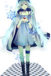  apple aqua_hair bad_id bad_pixiv_id bare_shoulders blue_eyes blush boots choker coat cross-laced_footwear dress food fruit hair_ornament hatsune_miku highres holding holding_food holding_fruit jacket_on_shoulders lace-up_boots leg_garter long_hair open_mouth pun2 shiroi_yuki_no_princess_wa_(vocaloid) snowflakes solo twintails very_long_hair vocaloid 