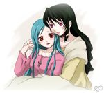  black_hair blue_hair cross dominura holding_hands kiryuu_aoko lowres multiple_girls older red_eyes rimone simoun yuri 