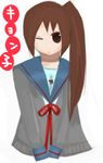  artist_request blue_sailor_collar brown_eyes brown_hair cardigan character_name closed_mouth cropped_torso genderswap genderswap_(mtf) grey_cardigan kita_high_school_uniform kyonko long_hair long_sleeves neck_ribbon no_eyebrows no_nose ribbon sailor_collar school_uniform serafuku side_ponytail simple_background solo source_request suzumiya_haruhi_no_yuuutsu white_background 