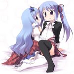  amatsuka_tsurara amatsuka_watayuki baby_princess blue_eyes blue_hair blush ferret kagura_yuuki kneeling long_hair multiple_girls purple_eyes ribbon school_uniform sitting skirt thighhighs twintails yuri 