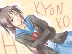  artist_request blue_sailor_collar blush cardigan genderswap genderswap_(mtf) kita_high_school_uniform kyon kyonko long_sleeves lowres ponytail sailor_collar school_uniform serafuku solo suzumiya_haruhi_no_yuuutsu 