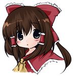  ascot bow brown_hair collar futami_yayoi green_eyes hair_bow hakurei_reimu looking_at_viewer red_bow short_hair simple_background solo touhou upper_body white_background 
