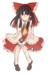  :o ascot black_eyes black_hair blush bow frills hair_bow hair_tubes hakurei_reimu loafers long_sleeves looking_at_viewer mokeo parted_lips red_bow ribbon-trimmed_sleeves ribbon_trim shoes sidelocks sitting solo touhou vest 