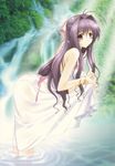  antenna_hair bent_over bracelet copyright_request dress highres jewelry kimizuka_aoi long_hair panties purple_eyes purple_hair see-through solo sparkle underwear wading water waterfall 