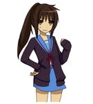  artist_request blue_sailor_collar cardigan genderswap genderswap_(mtf) kita_high_school_uniform kyon kyonko lowres ponytail sailor_collar school_uniform serafuku solo suzumiya_haruhi_no_yuuutsu 