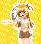  :d blush brown_skirt ferret green_eyes heterochromia long_hair lyrical_nanoha mahou_shoujo_lyrical_nanoha_strikers miniskirt misana open_mouth red_eyes short_sleeves skirt smile solo standing sweater_vest text_focus two_side_up very_long_hair vivio yuuno_scrya 