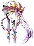  bad_id bad_pixiv_id bespectacled crescent face glasses hair_ribbon hat hat_ribbon kuronohana long_hair patchouli_knowledge pink_eyes purple_hair ribbon solo touhou traditional_media 