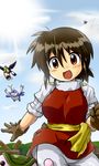  bird boned_meat breasts brown_hair colt_(monster_farm) food gloves highres joy_(monster_farm) large_breasts meat metalner mocchi_(monster_farm) mock monster_farm n36hoko red_eyes short_hair sloth_beetle toucan windmill 