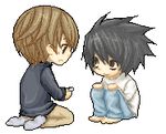  animated animated_gif bags_under_eyes blinking chibi death_note eating l_(death_note) lowres male_focus multiple_boys pixel_art smile transparent_background yagami_light 