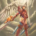  angel_wings arm_strap bad_id bad_pixiv_id bangs blunt_bangs boots breasts cleavage_cutout cloud emblem final_fantasy final_fantasy_tactics from_below frown gloves groin hand_on_hip head_wings highleg highleg_leotard holding holding_weapon leotard long_hair looking_at_viewer medium_breasts momigara_(mmgrkmnk) multiple_swords outdoors parted_bangs puffy_sleeves red_eyes red_legwear red_leotard sideboob sky solo standing sword thigh_boots thigh_strap thighhighs turtleneck twintails ultima_(fft) very_long_hair weapon white_hair wings zipper 