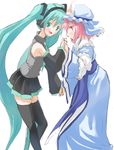  aqua_hair bonnet crossover detached_sleeves hatsune_miku headphones holding_hands long_hair maid multiple_girls necktie saigyouji_yuyuko short_hair standing thighhighs touhou twintails very_long_hair vocaloid yohane zettai_ryouiki 