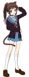  animal_ears artist_request blue_sailor_collar cardigan cat_ears collar genderswap genderswap_(mtf) kita_high_school_uniform kyon kyonko long_sleeves ponytail sailor_collar school_uniform serafuku solo suzumiya_haruhi_no_yuuutsu tail 