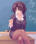  blush breasts brown_eyes brown_hair cleavage crossed_legs desk formal jacket large_breasts one_eye_closed pantyhose pencil_skirt sitting skirt skirt_suit solo suit teacher to_heart_2 yuzuhara_haruka zen 