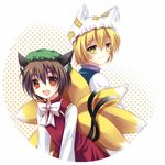  animal_ears bad_id bad_pixiv_id blonde_hair brown_hair cat_ears cat_tail chen earrings fang fox_tail hat jewelry long_sleeves multiple_girls multiple_tails orange_eyes pillow_hat short_hair tail takase_kanan tassel touhou yakumo_ran yellow_eyes 