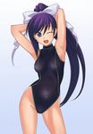  armpits competition_swimsuit e20 hair_ribbon highleg highleg_swimsuit long_hair one-piece_swimsuit one_eye_closed ponytail quiz_magic_academy ribbon single_vertical_stripe solo swimsuit yuri_(quiz_magic_academy) 