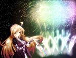  aerial_fireworks bad_id bad_pixiv_id blush breast_rest breasts casting_spell dress fireworks highres hijiri_byakuren large_breasts long_hair smile solo touhou wand yellow_eyes yuky_(cassis_powder) 