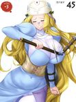  blonde_hair bodysuit breasts closed_eyes glasses highres huge_breasts long_hair melpha queen's_blade solo very_long_hair white_bodysuit zundarepon 