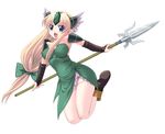  blonde_hair blue_eyes blush long_hair low-tied_long_hair pointy_ears polearm riesz seiken_densetsu seiken_densetsu_3 solo spear thighhighs utsugi_tsuguha weapon 