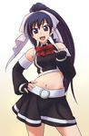  :d belt black_gloves black_skirt blush buckle contrapposto e20 elbow_gloves fingerless_gloves gloves hand_on_hip looking_at_viewer midriff navel open_mouth pleated_skirt ponytail purple_eyes quiz_magic_academy skirt smile solo standing stomach tareme yuri_(quiz_magic_academy) 