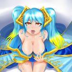  big_breasts bipedal blue_dress blue_hair blue_nails breasts clothed clothing digital_media_(art) dyed_hair erect_nipples female front_view green_highlights hair half-dressed hand_on_thigh huge_breasts human hungry kneeling league_of_legends looking_up mammal mileuda nipples orange_eyes overhead pigtails presenting red_eyes shiny sitting solo sona suggestive three-quarter_portrait tongue tongue_out topless unknown_artist yellow_highlights 
