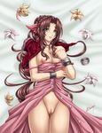  aerith_gainsborough bed blush bow bracelet braid breasts brown_hair clenched_hand cropped_jacket dress final_fantasy final_fantasy_vii flower green_eyes groin hair_bow hand_on_own_chest highres jacket jewelry karosu_maker long_dress long_hair looking_at_viewer nipples open_clothes open_jacket open_shirt pink_dress ponytail pussy ribbon shirt smile solo uncensored 