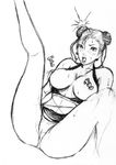  breasts breasts_outside chinese_clothes chun-li cleavage double_bun greyscale highres large_breasts monochrome solo spread_legs street_fighter surprised sweat willcan 