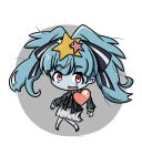  05tom16 1girl blue_hair chibi commentary_request eyebrows_visible_through_hair hair_ornament hair_ribbon heart highres hoshikawa_lily long_hair looking_at_viewer open_mouth red_eyes ribbon skirt solo star star_hair_ornament twintails zombie zombie_land_saga 