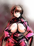  areola_slip areolae breasts brown_hair cleavage hair_over_eyes hands_on_hips huge_breasts jacket long_hair nipples no_bra open_clothes open_jacket rickert_kai shermie skirt solo the_king_of_fighters twintails very_long_hair wide_hips 