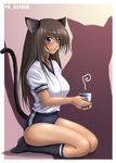  animal_ears black_hair buruma cat_ears copyright_request dark_skin double_vertical_stripe gym_uniform highres purple_eyes seiza shinozuka_jouji sitting socks solo tail 