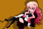  absurdres artist_request black_legwear brown_background cape crossed_legs highres long_hair louise_francoise_le_blanc_de_la_valliere pentacle pink_eyes pink_hair shoes sitting skirt smile thighhighs zero_no_tsukaima 
